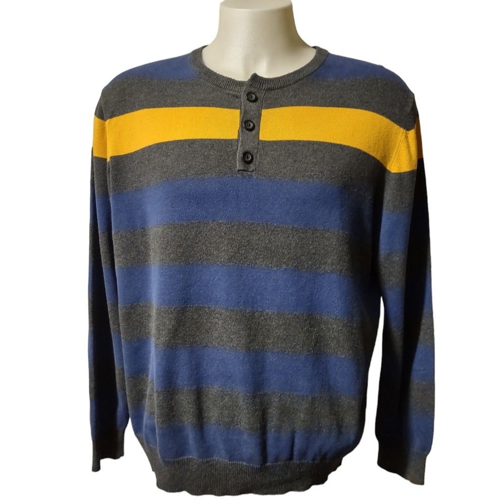 John Bartlett Consensus Men's Large Blue Gray Yellow Cozy‎ Pullover Sweater